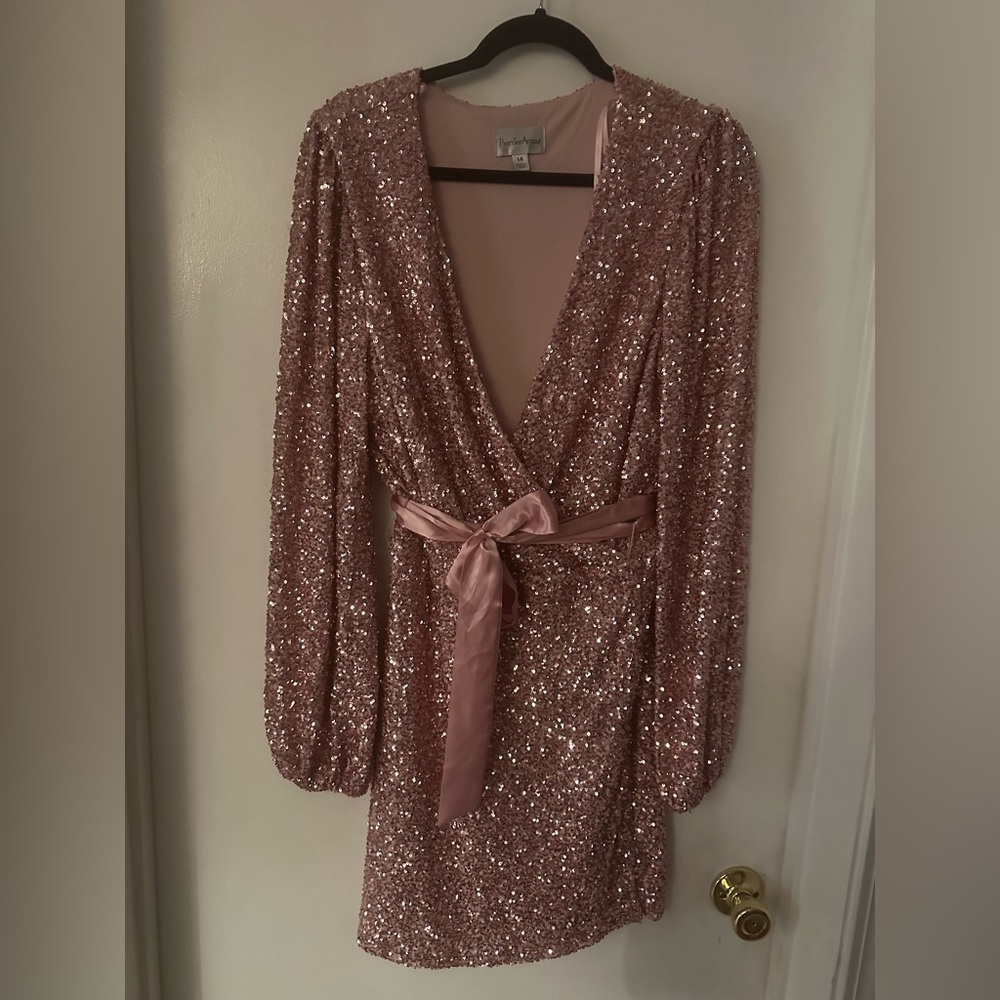Sparkling Rose Pink Sequin Wrap Long-Sleeve Dress with Satin Tie